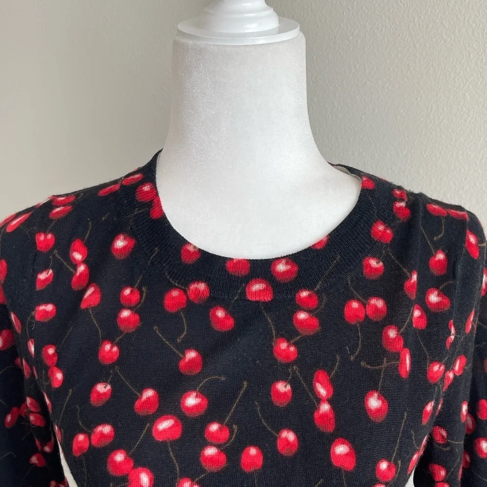 J Crew Wool Cherry Print Black Top Size S
